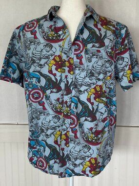 Men's Marvel Comic Short Sleeve Button Down Shirt Sz L